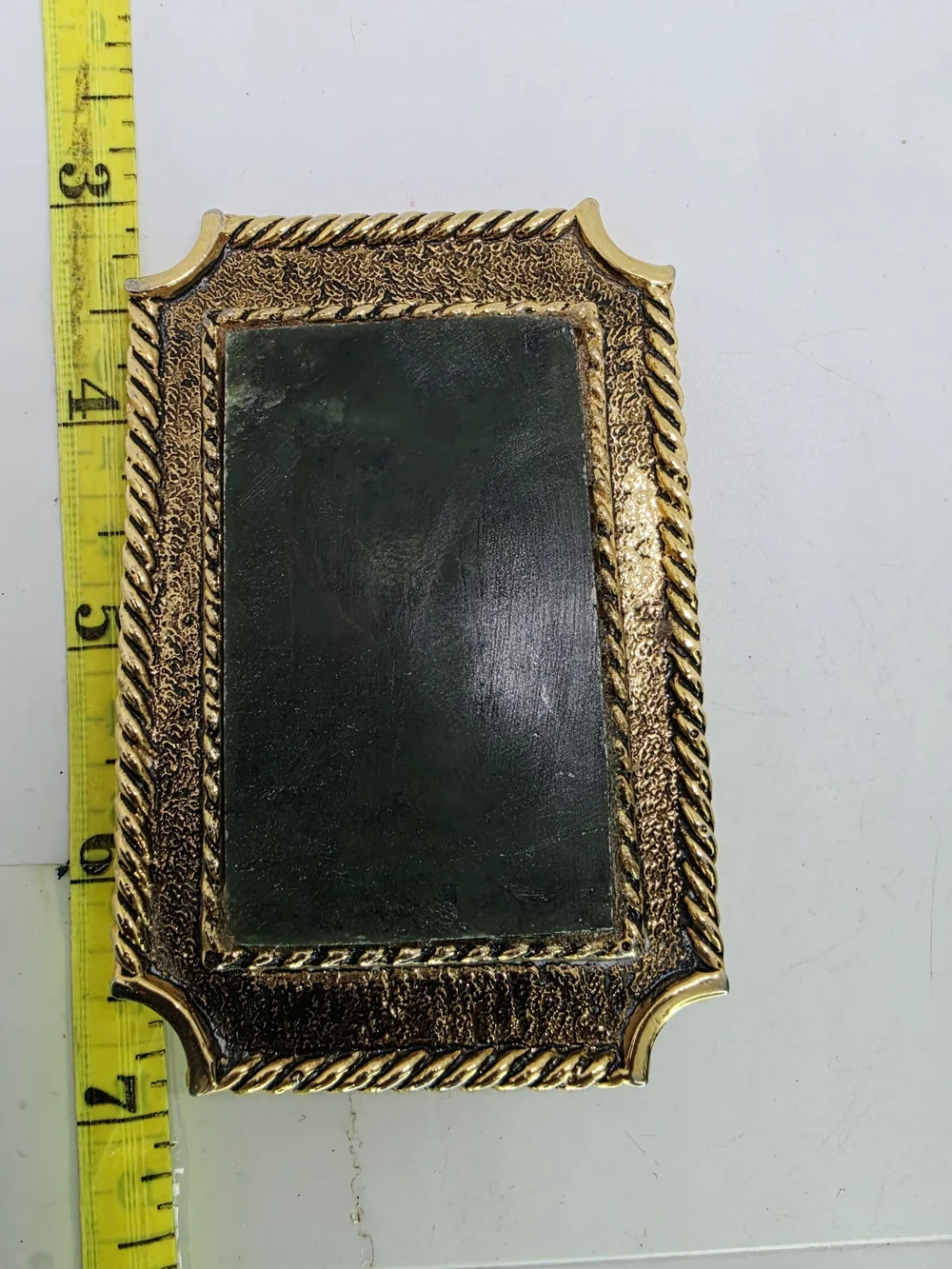 Vintage Gold Tone Western Belt Buckle Nephrite Jade Stone Slab Rope Edge Frame